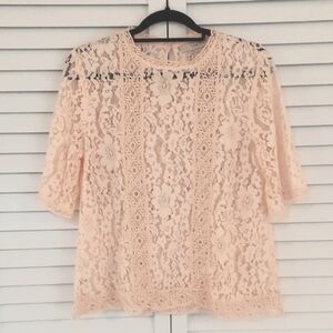 Loft Top, Size M, Light Peach Lace, Short Sleeves,‎ Keyhole Back, Cotton Blend